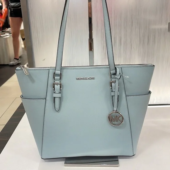 MICHAEL KORS Charlotte Large Leather Top-Zip ToteVista Blue NWT